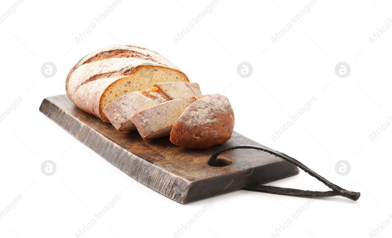 Photo of Wooden cutting board with fresh bread isolated on white