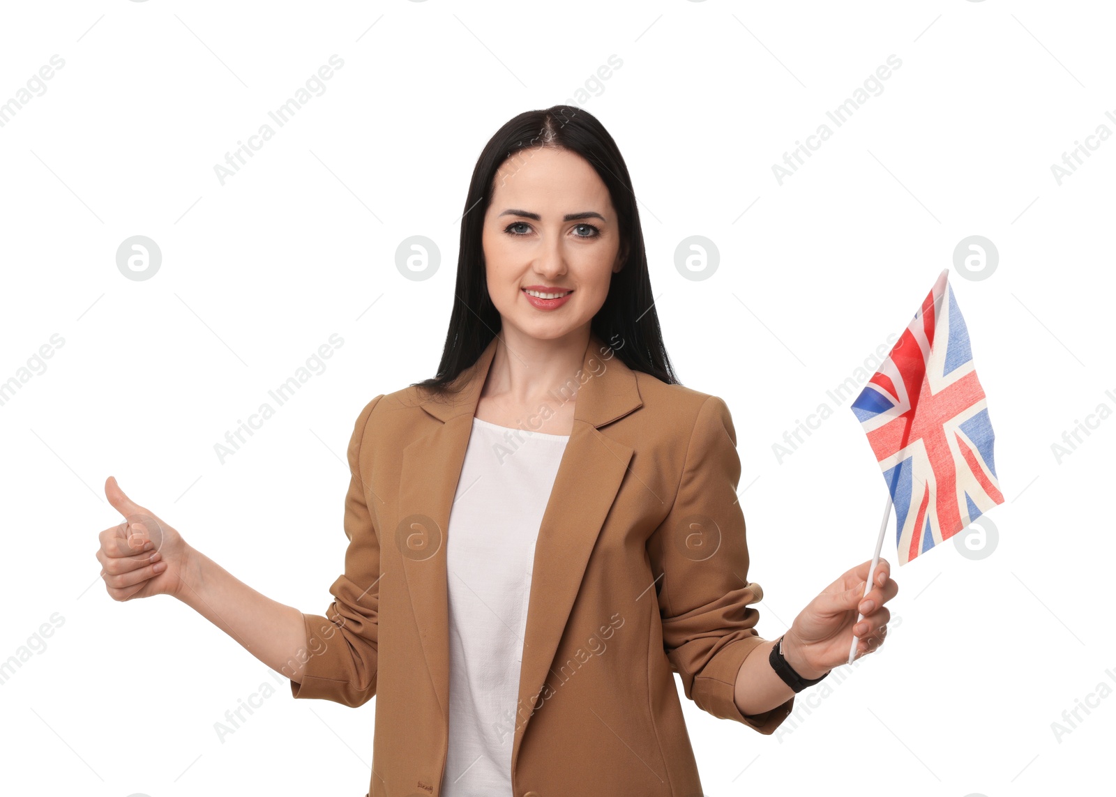 Photo of English teacher with UK flag showing thumbs up on white background