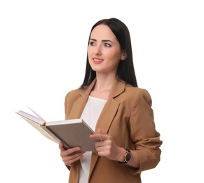 Photo of English teacher with book on white background