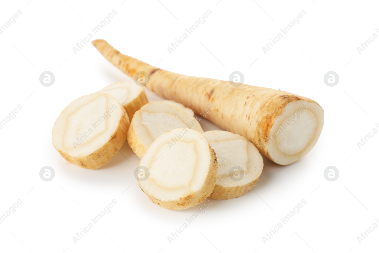 Photo of Cut fresh parsley root isolated on white