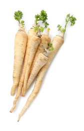 Photo of Many fresh parsley roots isolated on white, top view