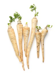 Photo of Many fresh parsley roots isolated on white, top view