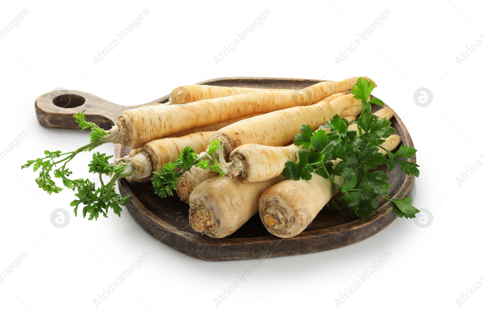 Photo of Many fresh parsley roots isolated on white