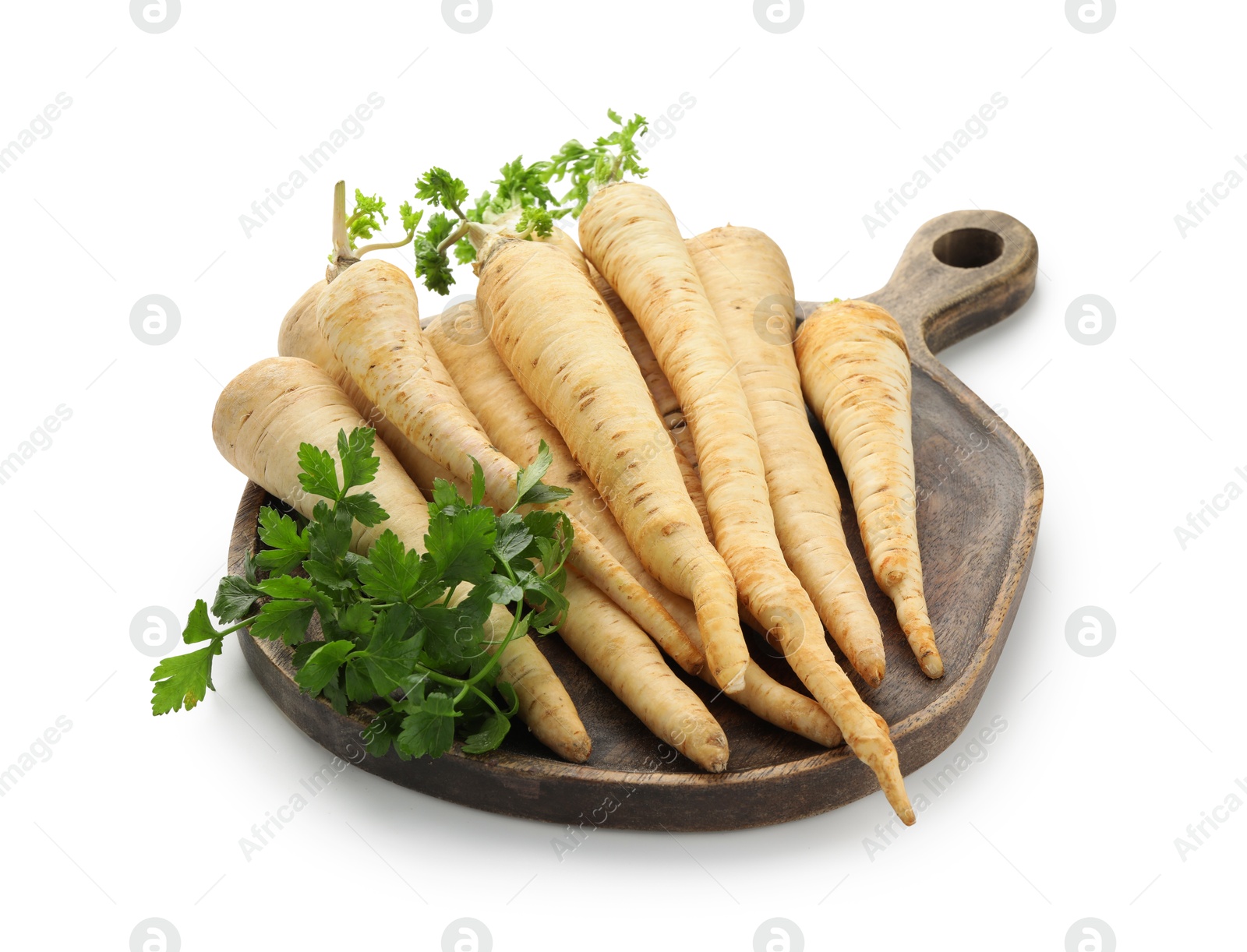 Photo of Many fresh parsley roots isolated on white