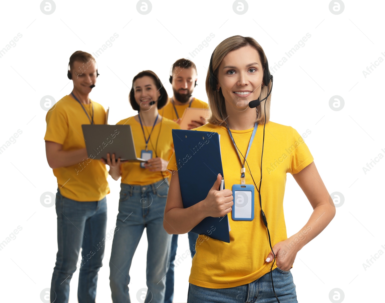 Photo of Technical support call center. Team of friendly operators on white background