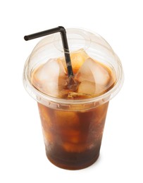 Photo of Refreshing iced coffee in plastic cup isolated on white