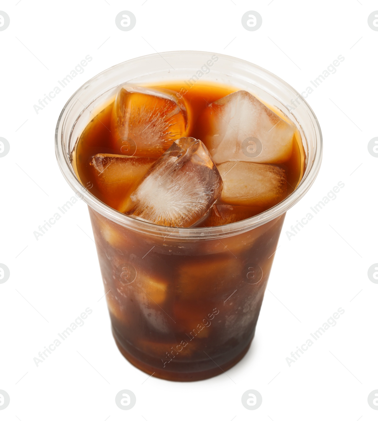 Photo of Refreshing iced coffee in plastic cup isolated on white