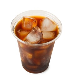 Photo of Refreshing iced coffee in plastic cup isolated on white