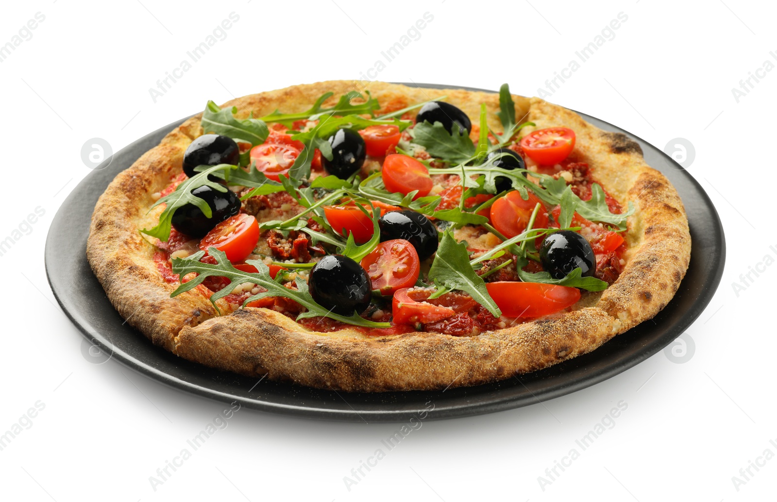 Photo of Tasty pizza with olives, tomatoes and arugula isolated on white