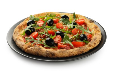 Tasty pizza with olives, tomatoes and arugula isolated on white