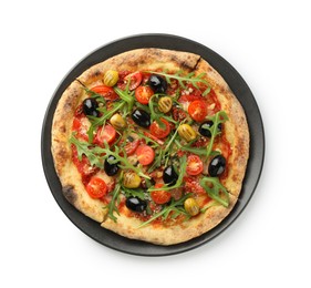 Tasty pizza with olives, tomatoes and arugula isolated on white, top view