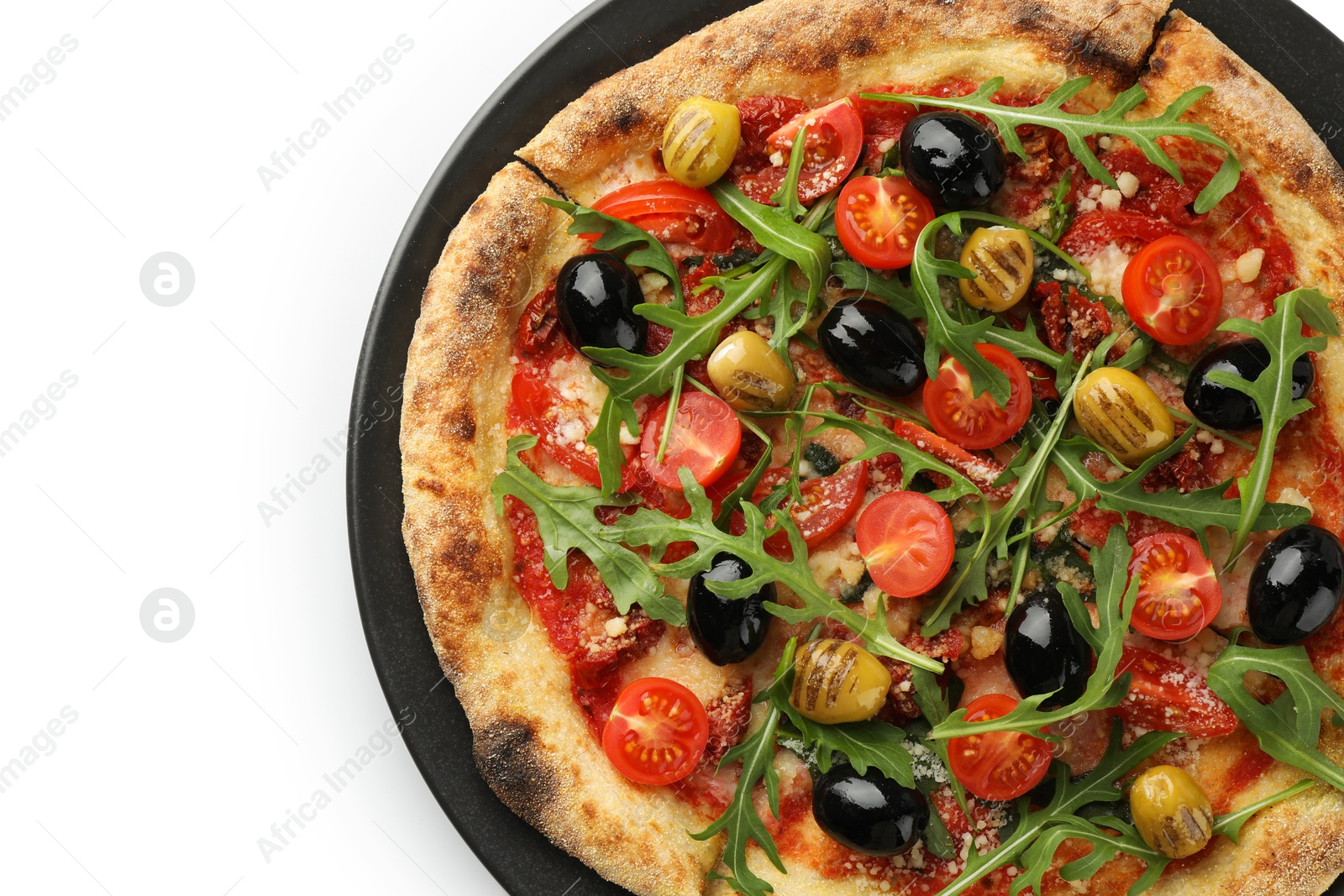 Photo of Tasty pizza with olives, tomatoes and arugula isolated on white, top view