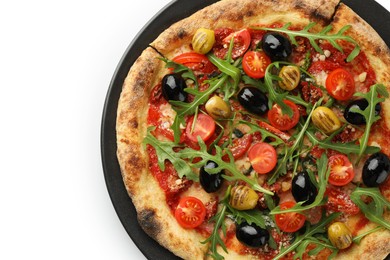 Photo of Tasty pizza with olives, tomatoes and arugula isolated on white, top view