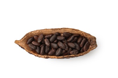 Photo of Cocoa pod with beans isolated on white, top view