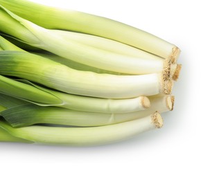 Photo of Fresh leeks isolated on white, top view. Spicy vegetable