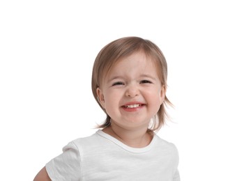 Photo of Cute little baby girl on white background