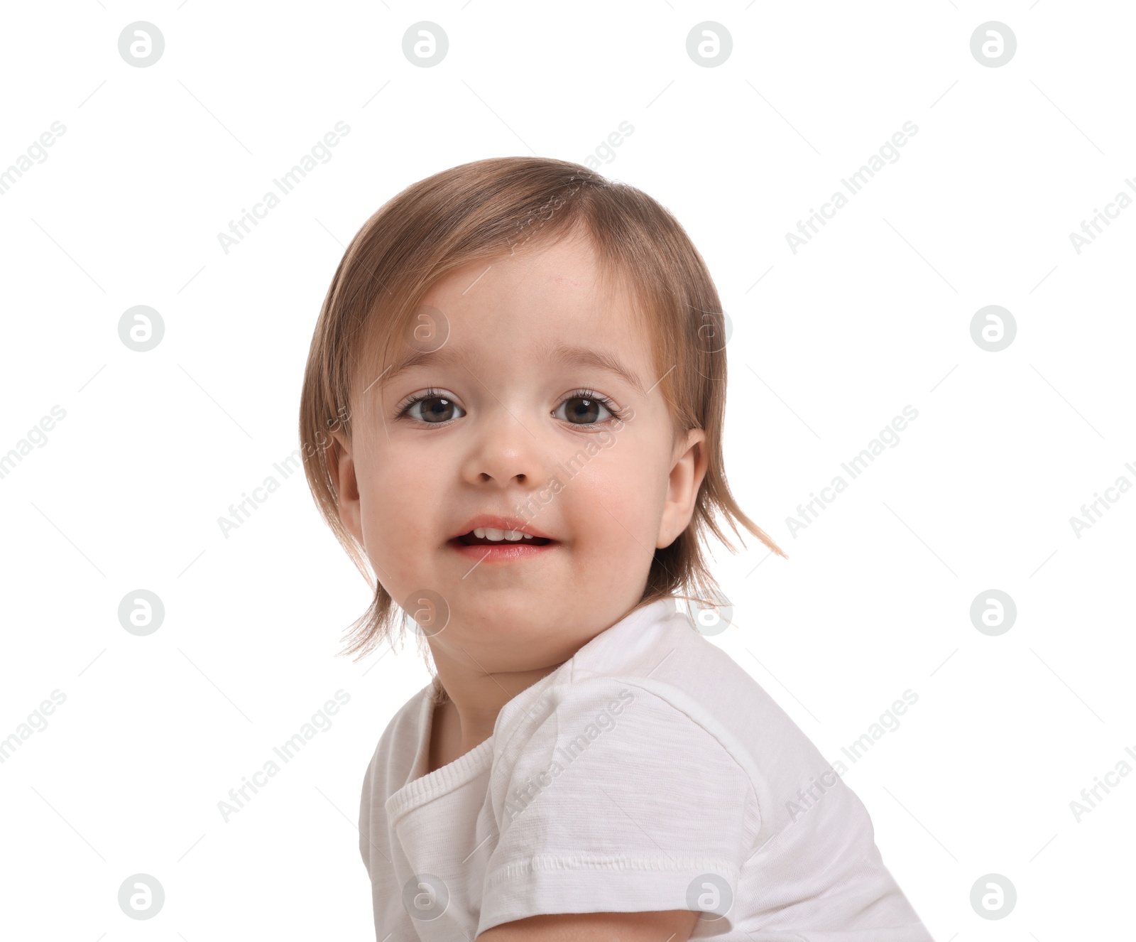 Photo of Cute little baby girl on white background