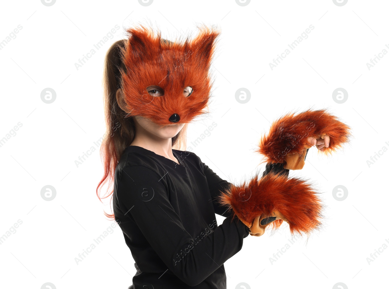 Photo of Quadrobics. Girl wearing fox mask and gloves on white background