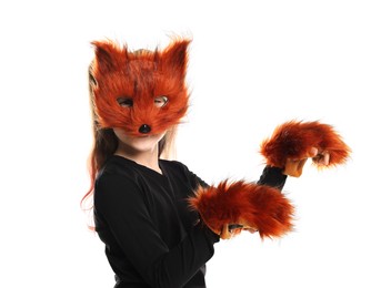 Quadrobics. Girl wearing fox mask and gloves on white background