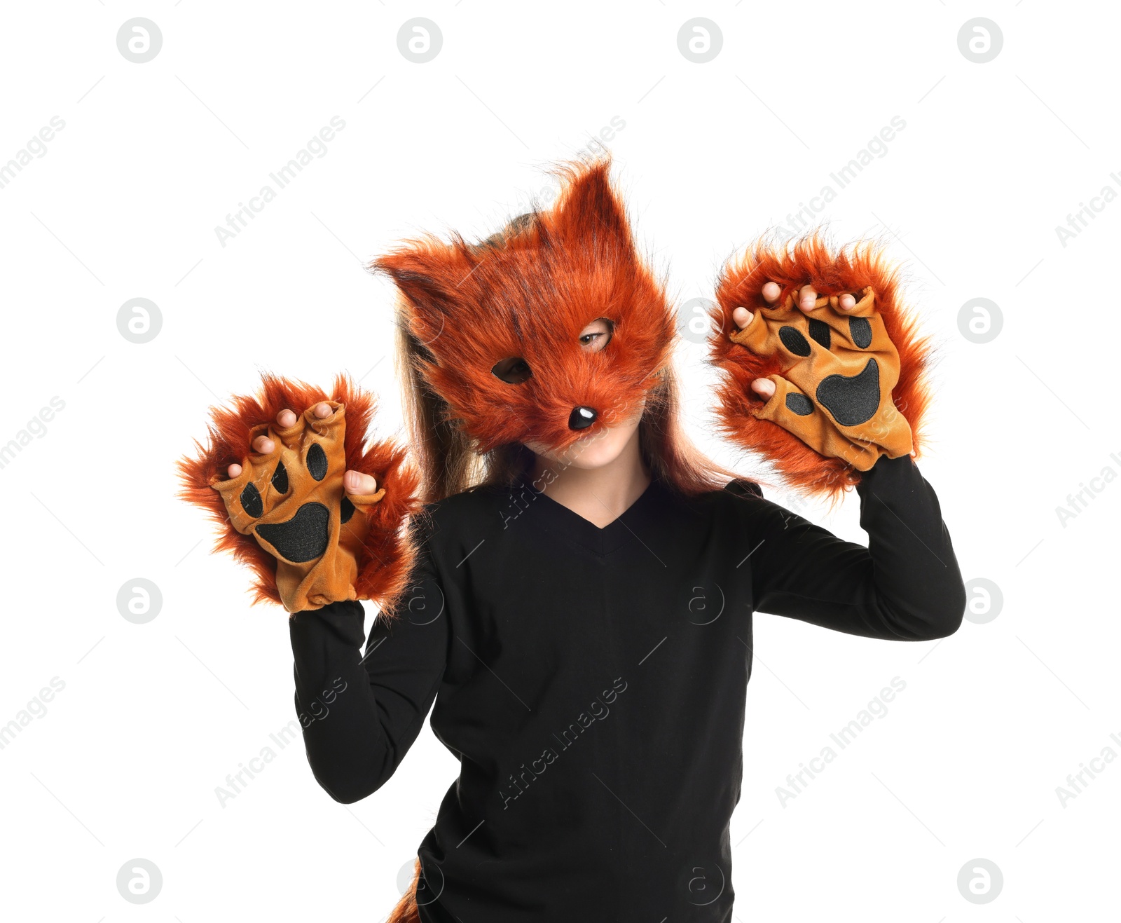 Photo of Quadrobics. Girl wearing fox mask and gloves on white background