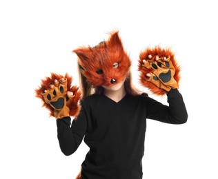 Quadrobics. Girl wearing fox mask and gloves on white background