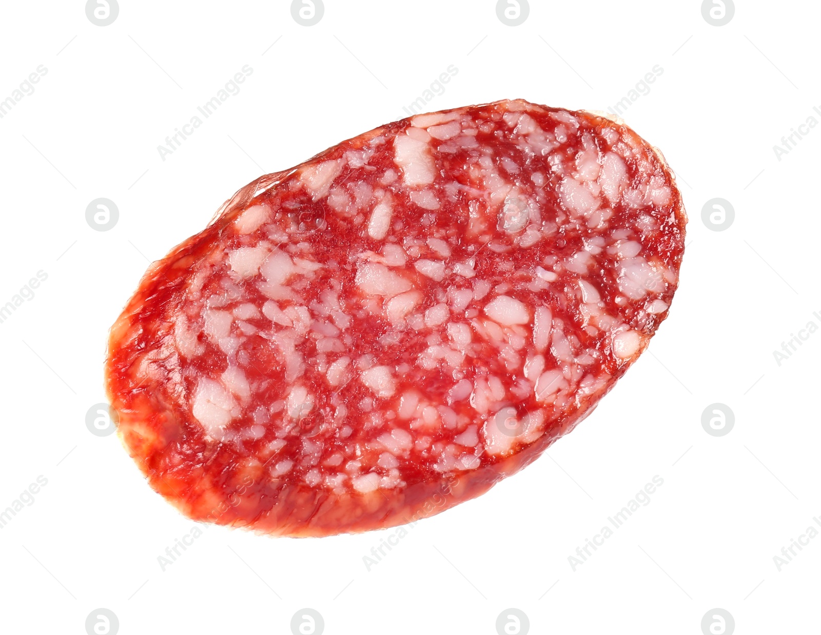 Photo of Piece of delicious smoked sausage isolated on white