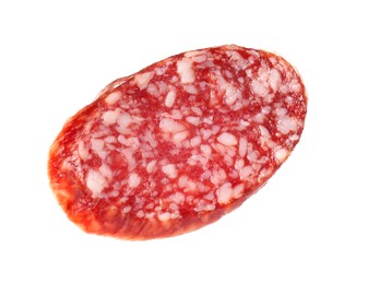 Photo of Piece of delicious smoked sausage isolated on white