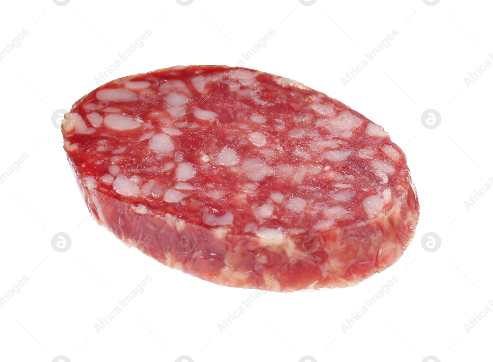 Photo of Piece of delicious smoked sausage isolated on white