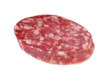 Photo of Piece of delicious smoked sausage isolated on white