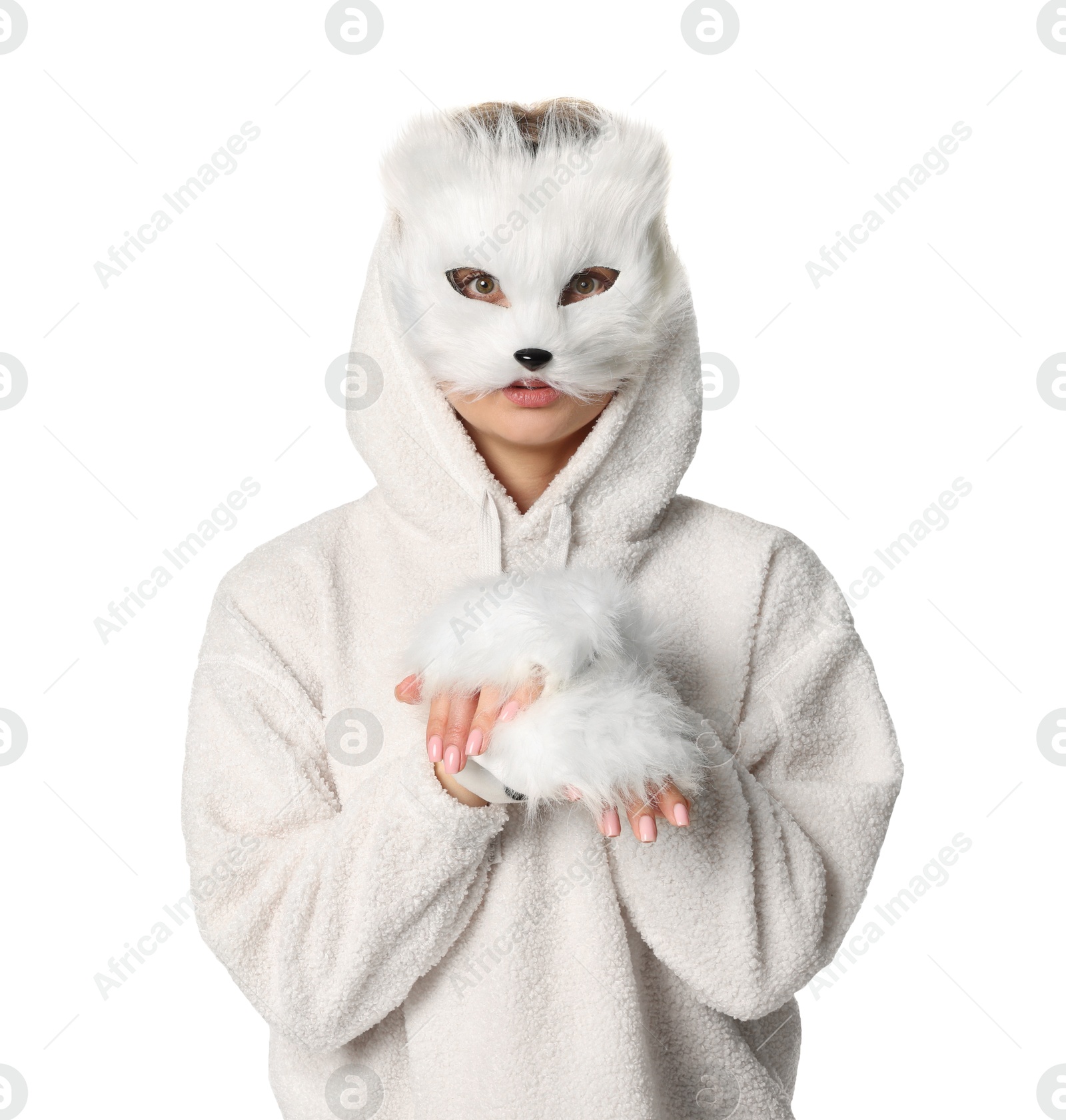 Photo of Quadrobics. Woman wearing cat mask and gloves on white background