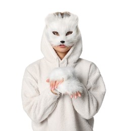 Quadrobics. Woman wearing cat mask and gloves on white background