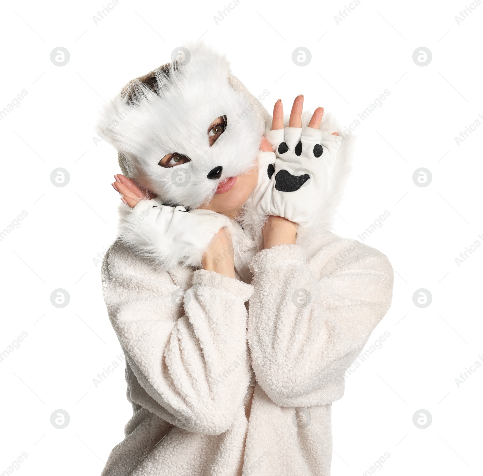 Photo of Quadrobics. Woman wearing cat mask and gloves on white background