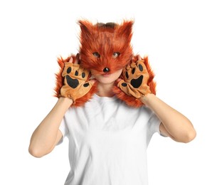 Quadrobics. Woman wearing fox mask and gloves on white background