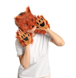 Quadrobics. Woman wearing fox mask and gloves on white background