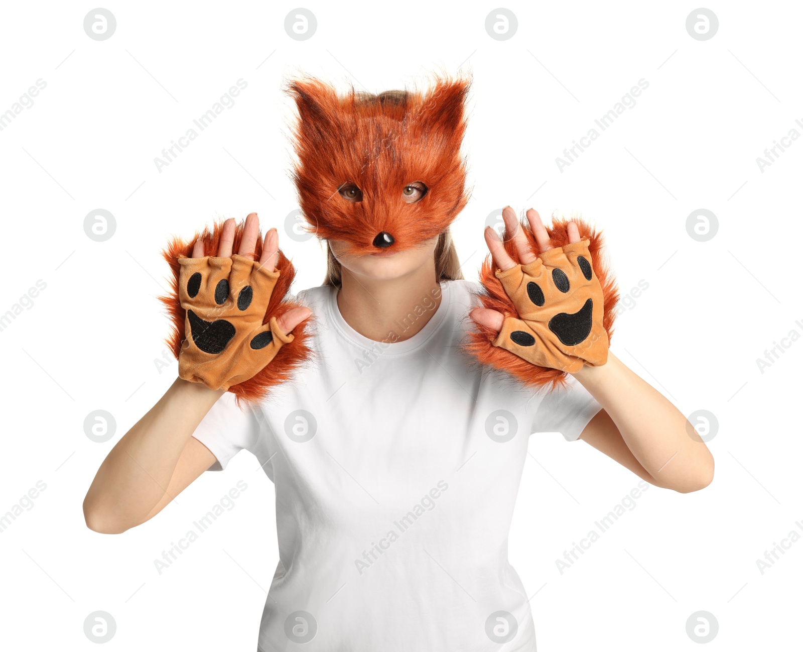 Photo of Quadrobics. Woman wearing fox mask and gloves on white background