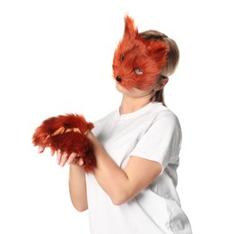 Quadrobics. Woman wearing fox mask and gloves on white background