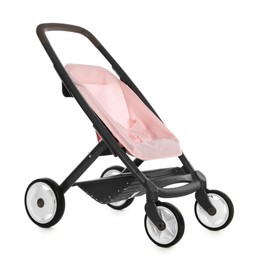 Photo of Pink doll stroller isolated on white. Kid's toy