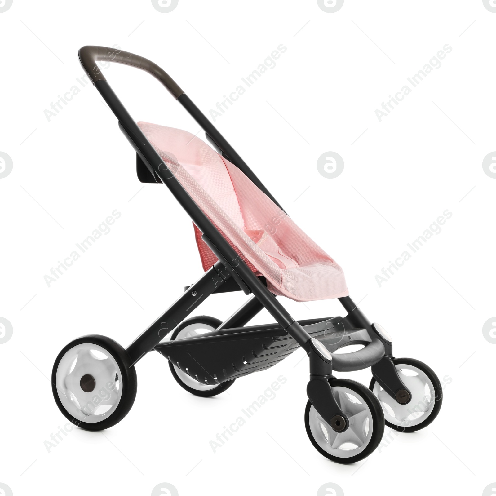 Photo of Pink doll stroller isolated on white. Kid's toy