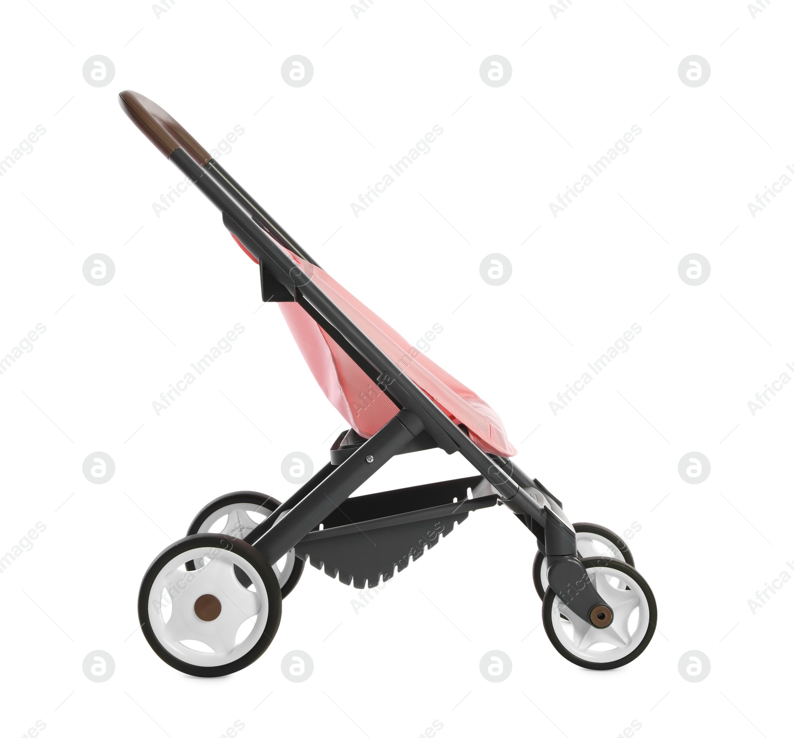 Photo of Pink doll stroller isolated on white. Kid's toy