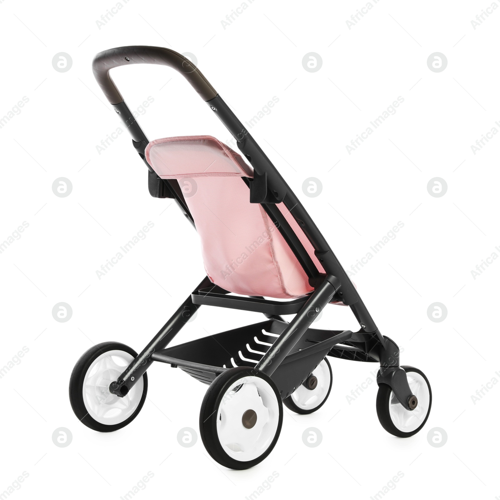 Photo of Pink doll stroller isolated on white. Kid's toy