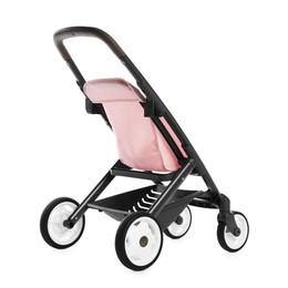 Photo of Pink doll stroller isolated on white. Kid's toy