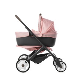 Photo of Pink doll stroller isolated on white. Kid's toy