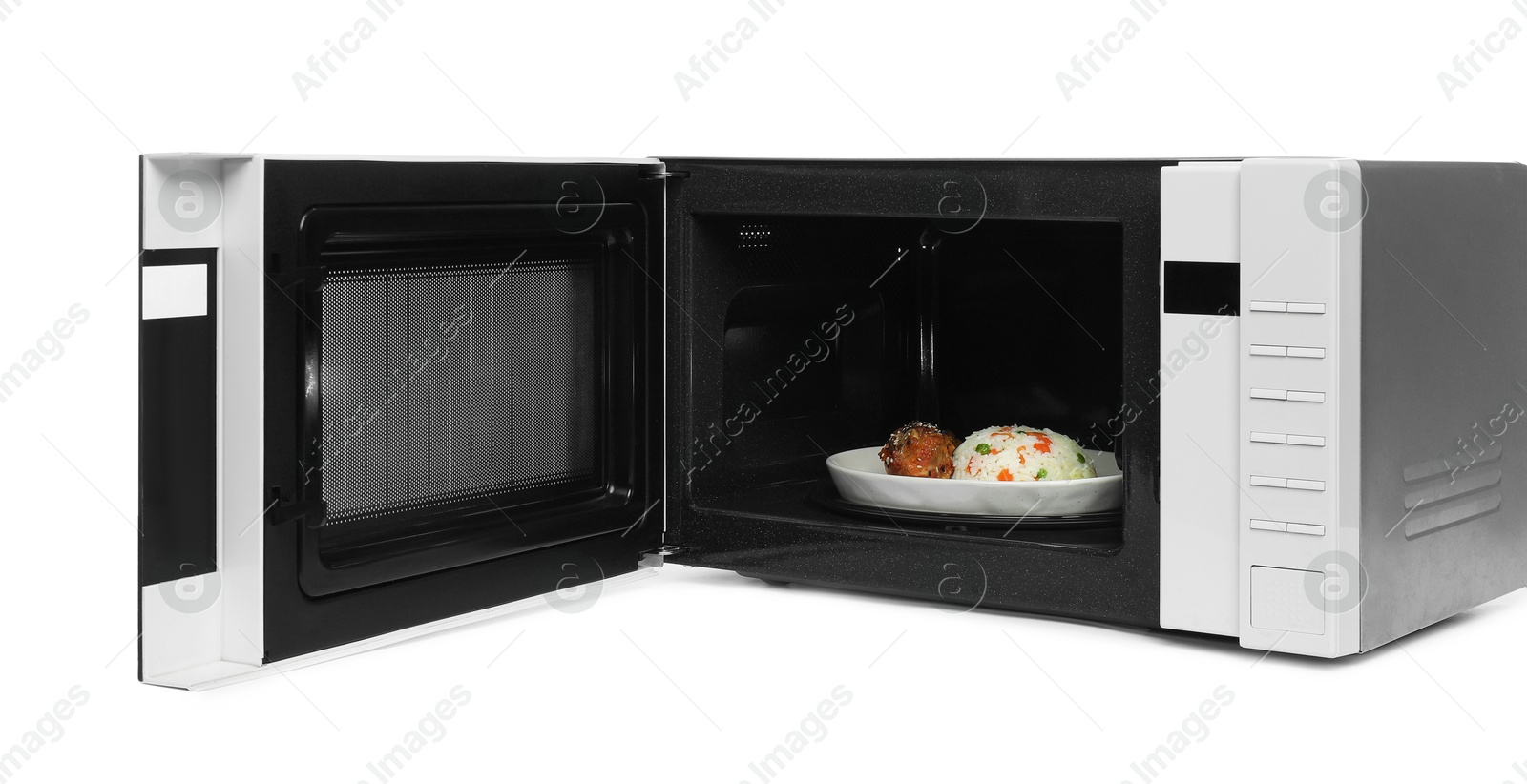 Photo of Open microwave oven with cooked rice and chicken isolated on white