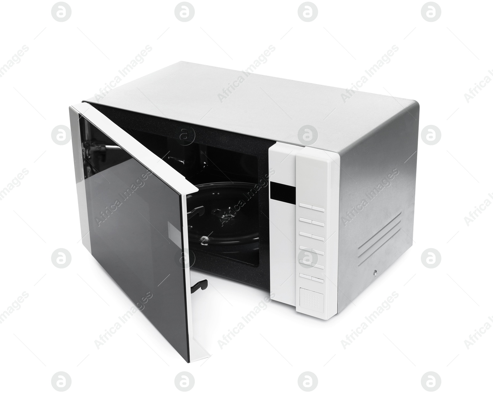 Photo of One open microwave oven isolated on white