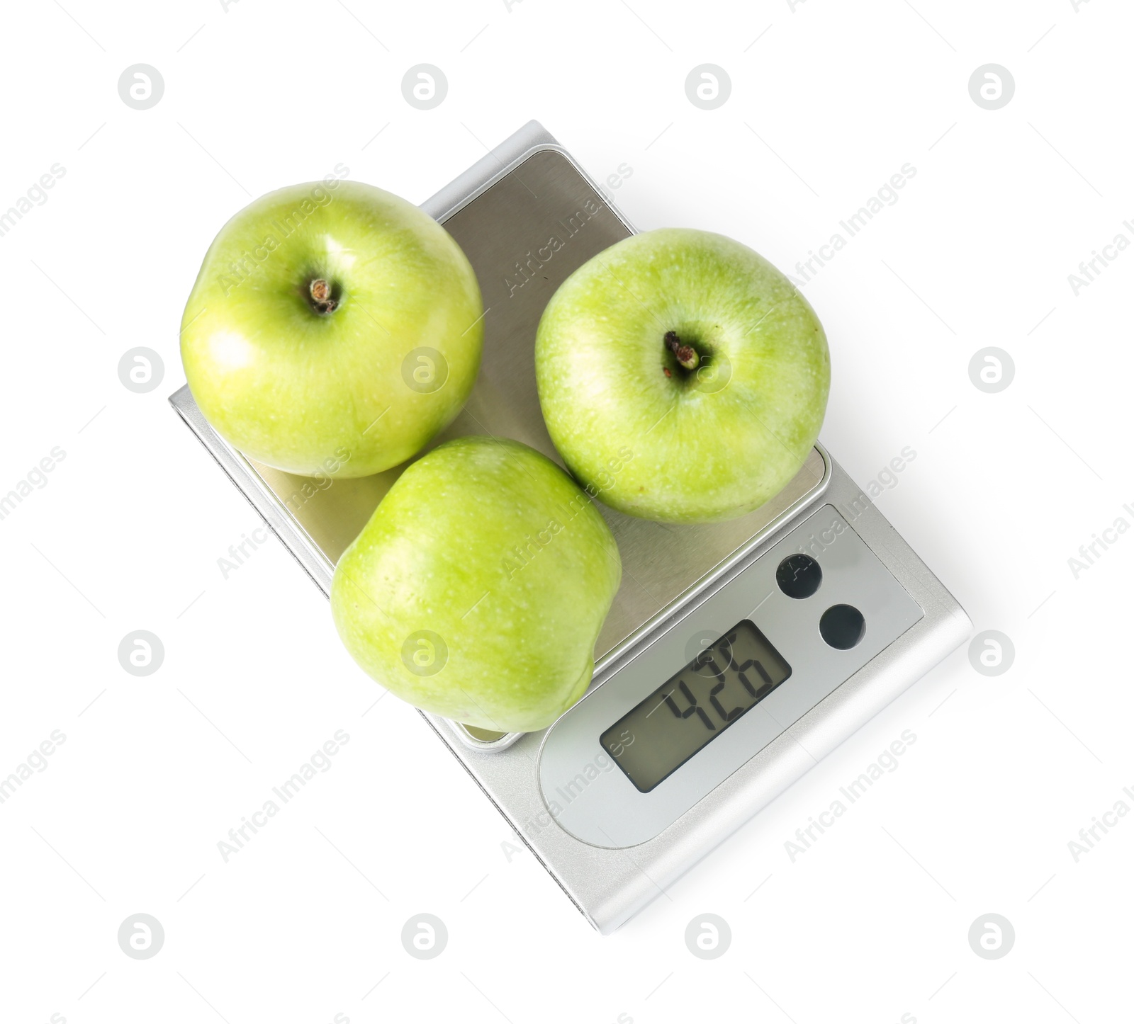 Photo of Electronic kitchen scale with apples isolated on white, top view