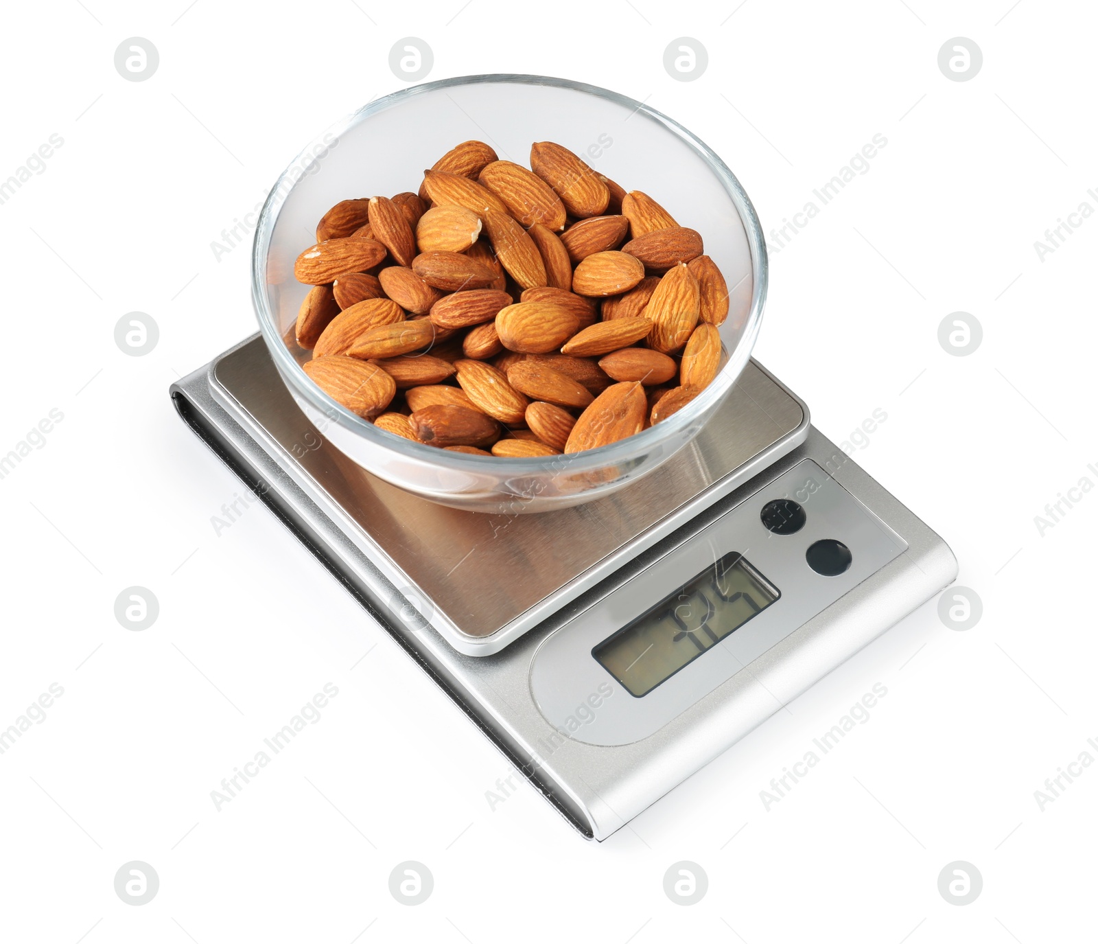 Photo of Electronic kitchen scale with almonds isolated on white