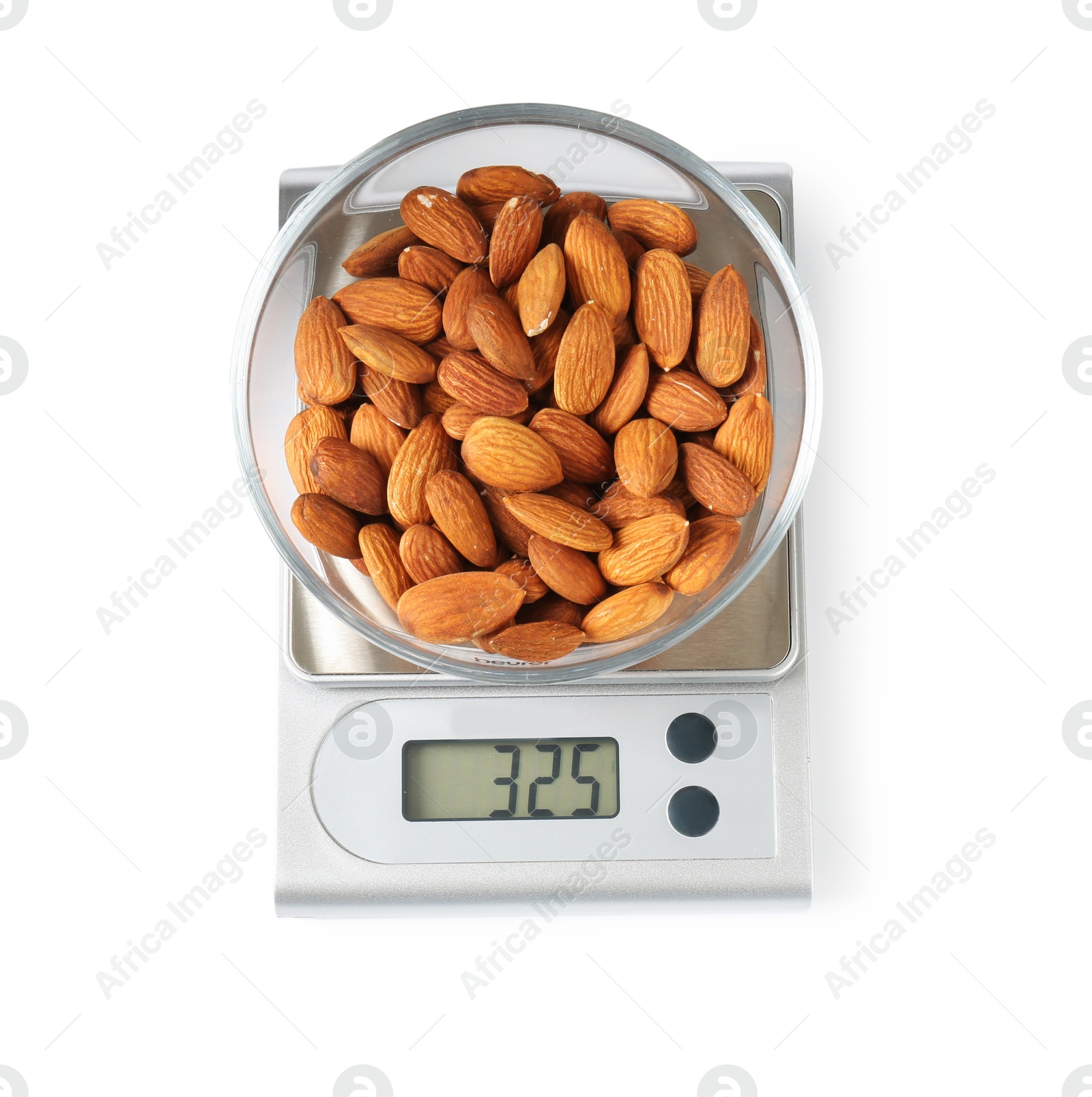 Photo of Electronic kitchen scale with almonds isolated on white, top view