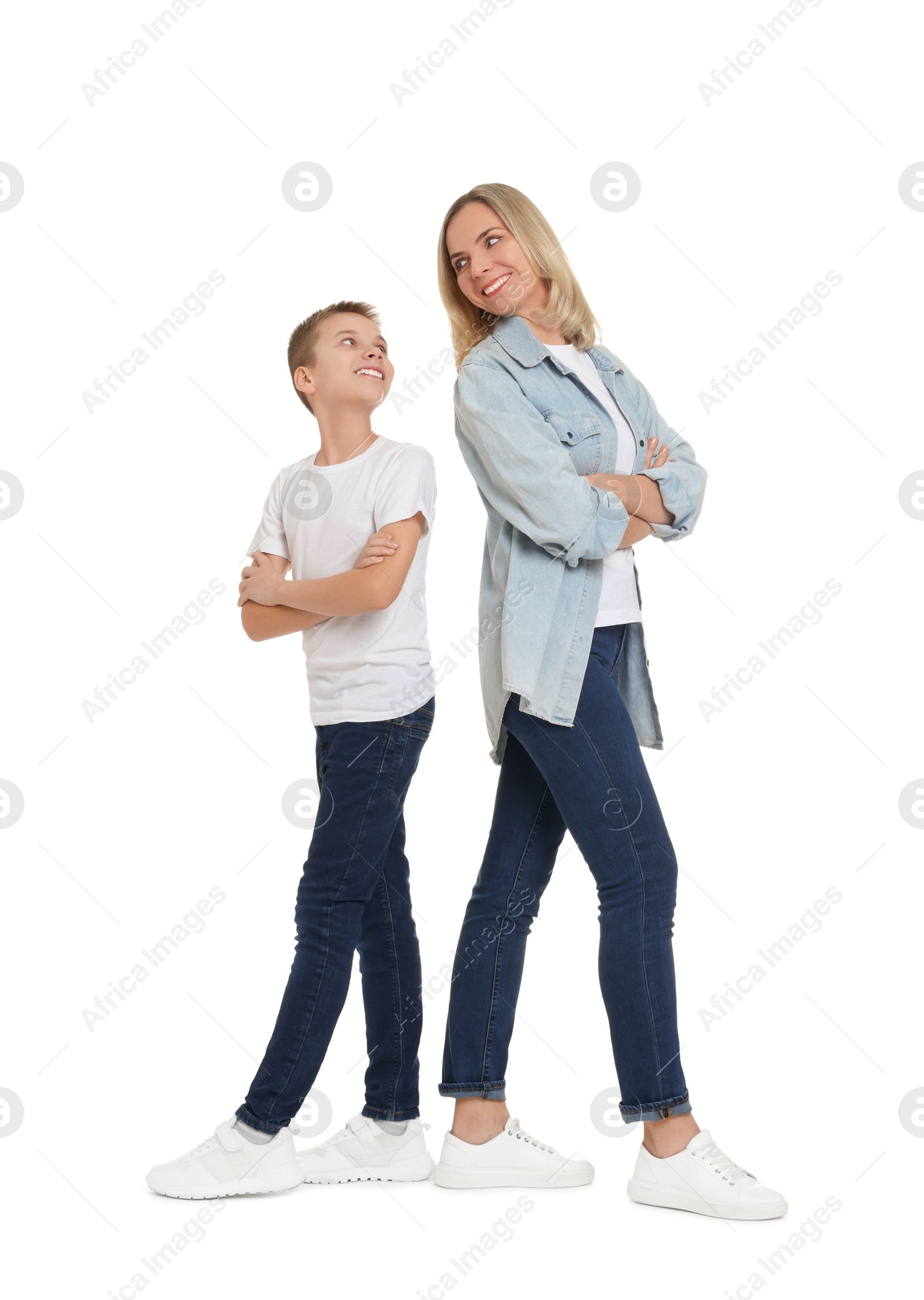 Photo of Happy mother and son on white background