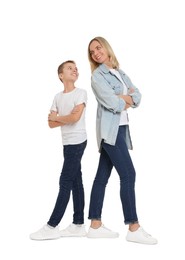 Happy mother and son on white background