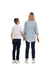 Photo of Mother and son on white background, back view